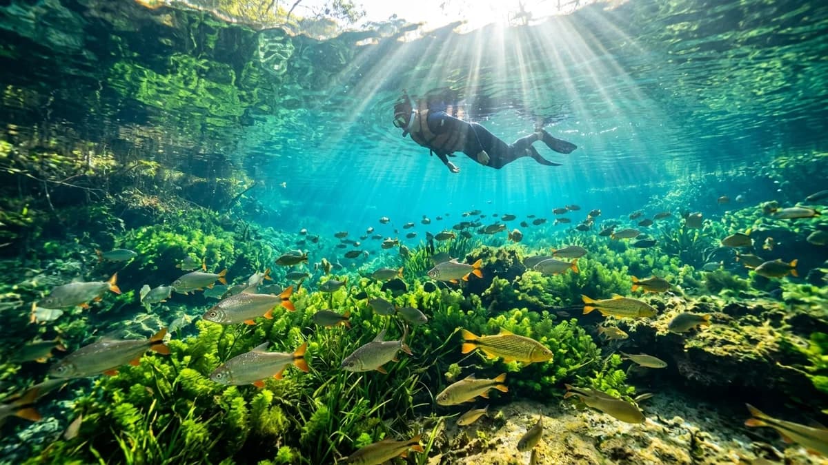Vista subaquática de snorkeler flutuando no Aquário Natural Baía Bonita em Bonito MS cercado por centenas de Piraputangas e feixes de luz em agosto