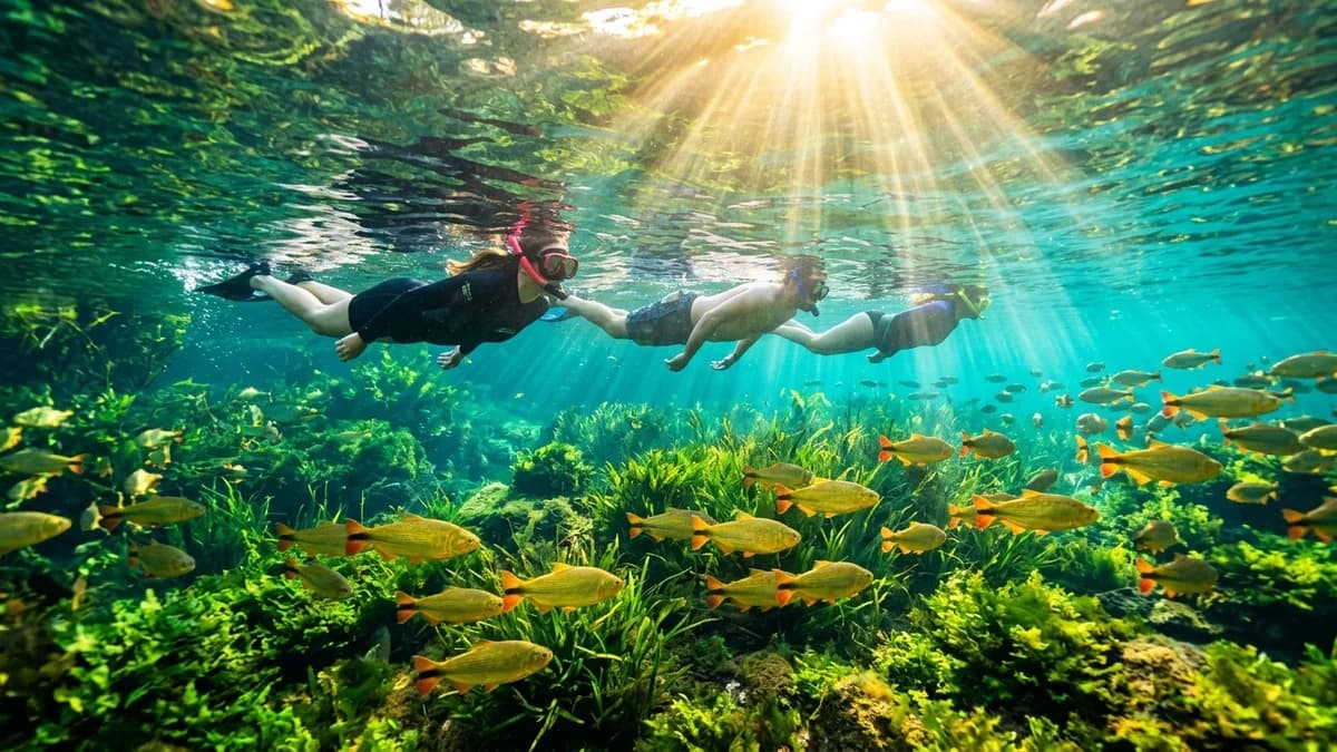 Snorkelers flutuando na nascente cristalina do Aquário Natural na Baía Bonita em Bonito MS em setembro cercados por peixes dourados e plantas submersas