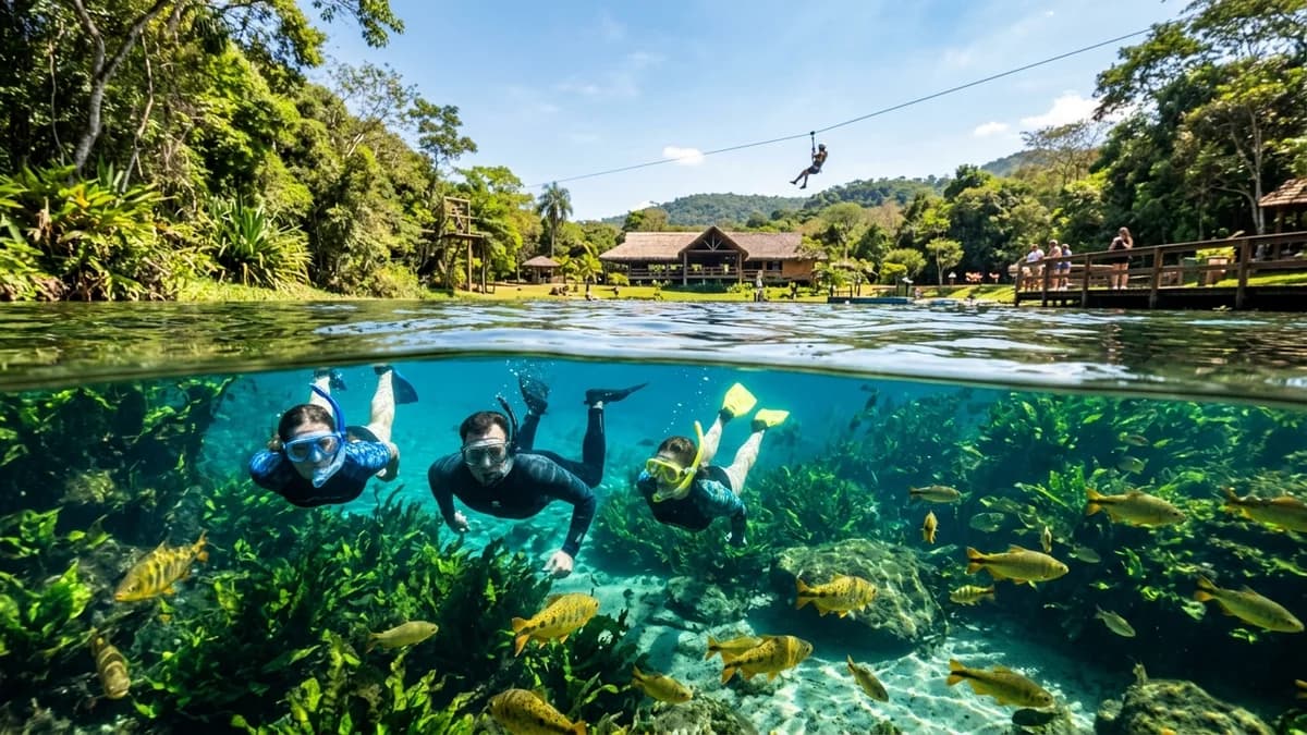 Ecoturistas flutuando de snorkel nas águas azuis cristalinas da Nascente Azul em Bonito MS com tirolesa e balneário ao fundo em setembro