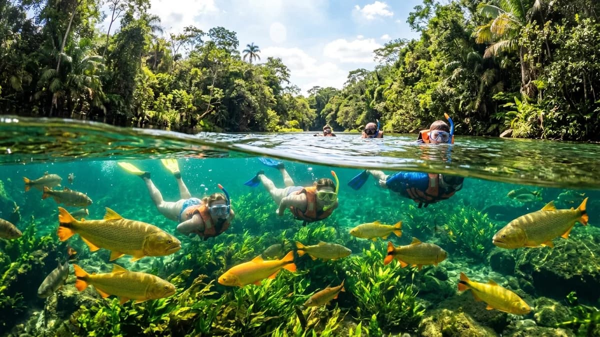 Ecoturistas flutuando com snorkel nas águas verde-esmeralda do Parque Ecológico Rio Formoso em Bonito MS ao lado de grandes Dourados e Piraputangas em agosto