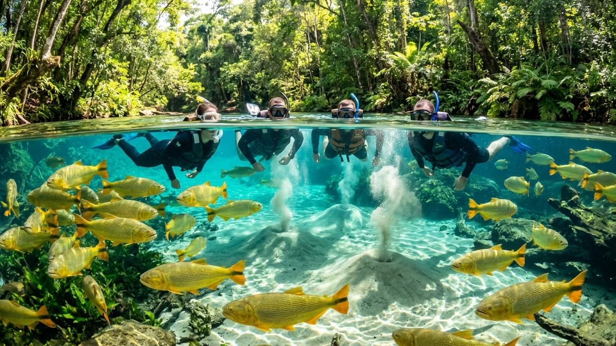 Ecoturistas flutuando em água cristalina turquesa cercados por imponentes dourados e vulcãozinhos de areia no Recanto Ecológico Rio da Prata em Jardim MS em setembro