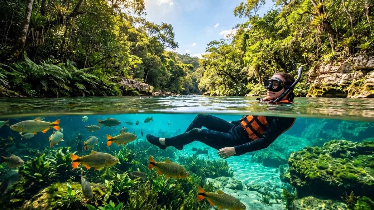 Ecoturista praticando snorkeling e flutuação nas águas azul-turquesa cristalinas do Rio Azul na Serra da Bodoquena cercado por vegetação subaquática luminosa e peixes sob a luz do sol de agosto