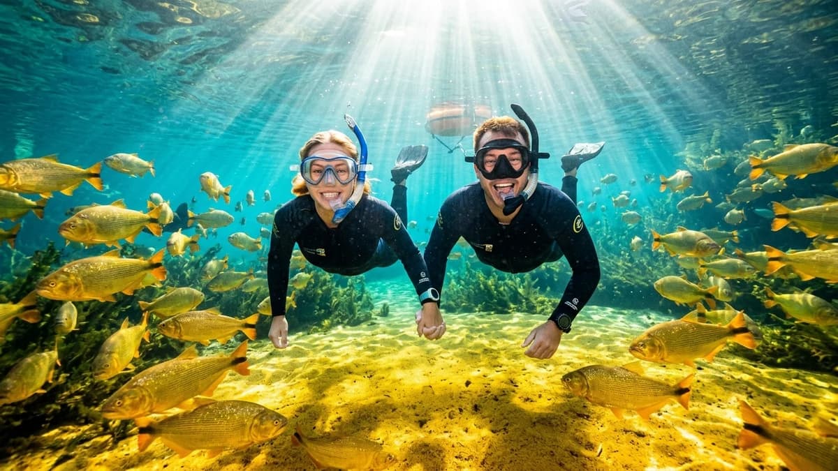 Casal de ecoturistas sorrindo e de mãos dadas durante a flutuação nas águas cristalinas do Rio da Prata em Bonito MS cercados por grandes cardumes de piraputangas douradas