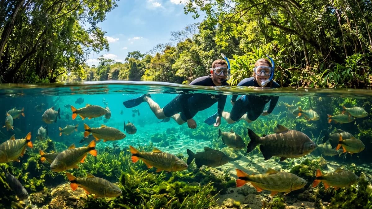 Ecoturistas flutuando de snorkel nas águas hiper-transparentes da Nascente Olho d'Água no Recanto Ecológico Rio da Prata em Jardim MS com peixes em setembro