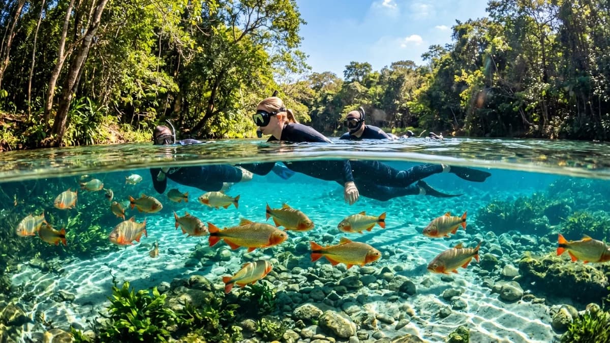 Vista subaquática translúcida de snorkelers flutuando nas águas azul-celeste do Rio Sucuri em Bonito MS ao lado de Piraputangas em agosto