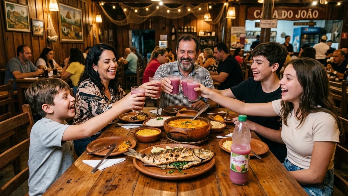 Família feliz reunida à mesa de restaurante tradicional no centro de Bonito MS saboreando pratos típicos de peixe regional e brindando com suco de guavira