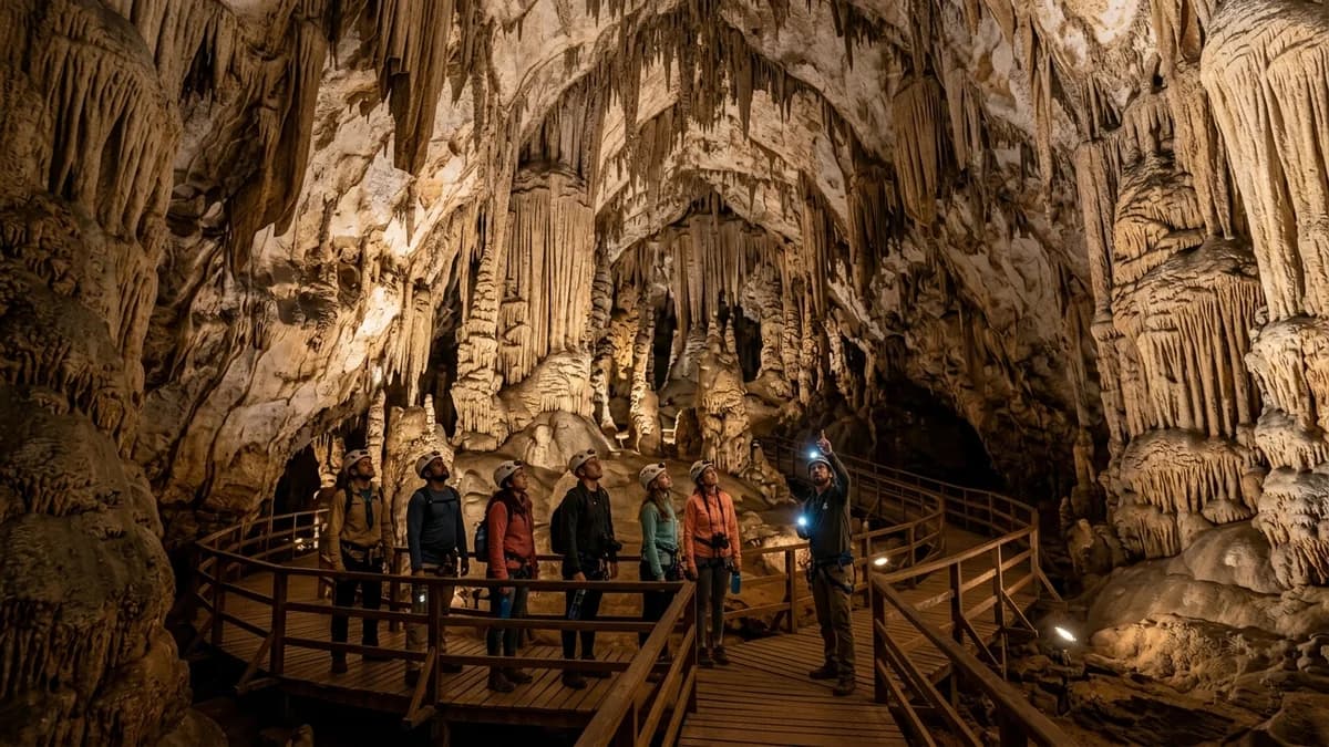 Interior espetacular da Gruta Catedral em Bonito MS com estalactites em formato de catedral gótica, passarela de madeira com turistas e iluminação cênica em agosto