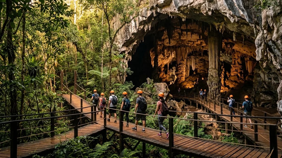 Turistas caminhando em passarela de madeira suspensa na copa das árvores e entrando na monumental Gruta de São Miguel em Bonito MS com estalactites e iluminação natural em agosto