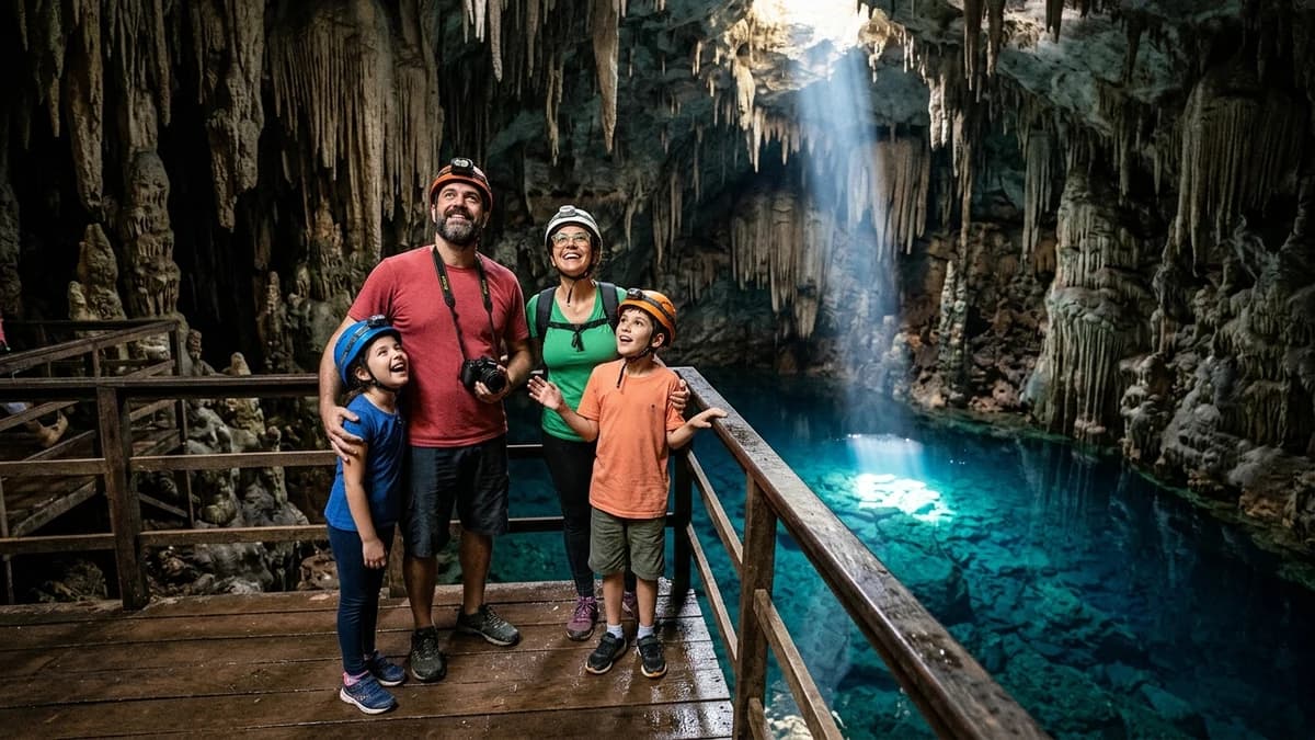 Família de ecoturistas sorrindo no mirante de madeira dentro da caverna da Gruta do Lago Azul em Bonito MS observando o lago subterrâneo azul turquesa iluminado por um raio de sol