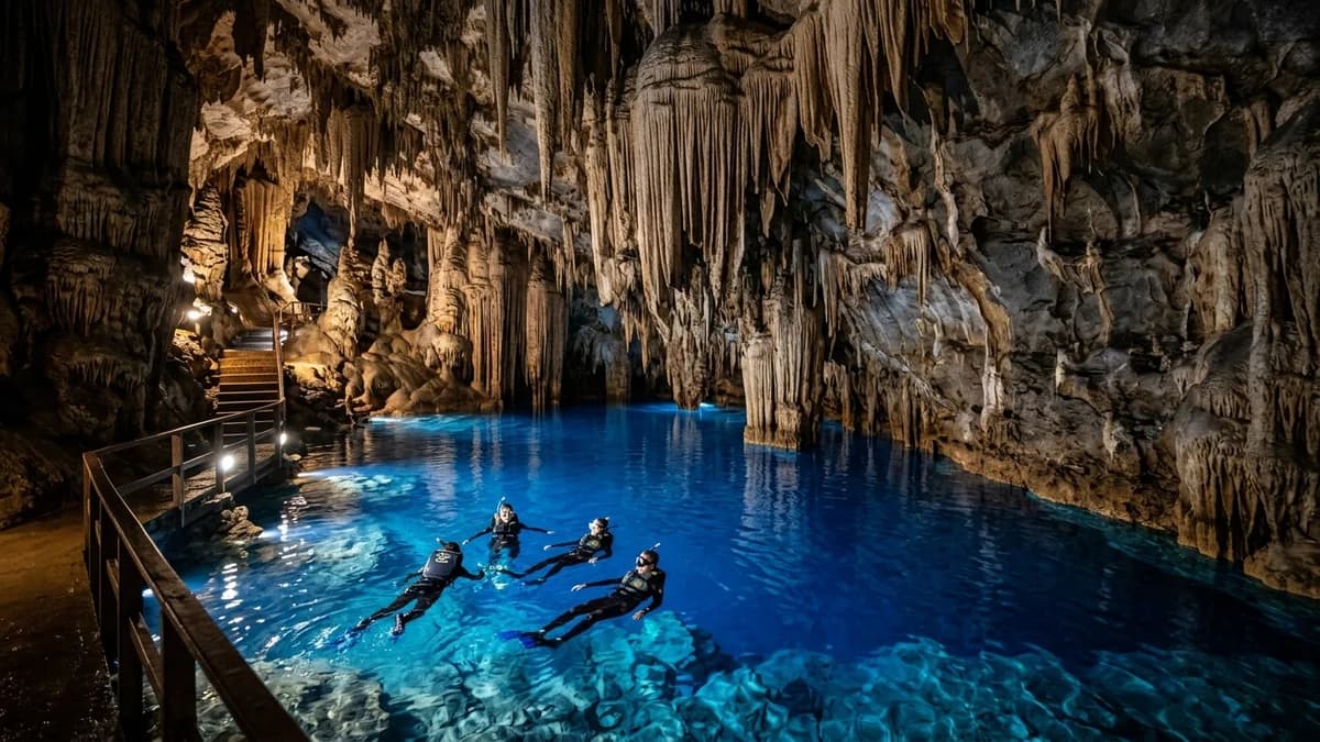 Snorkelers com roupa de neoprene e capacete de LED flutuando na lagoa azul cobalto subterrânea no interior da Gruta do Mimoso em Bonito MS em agosto