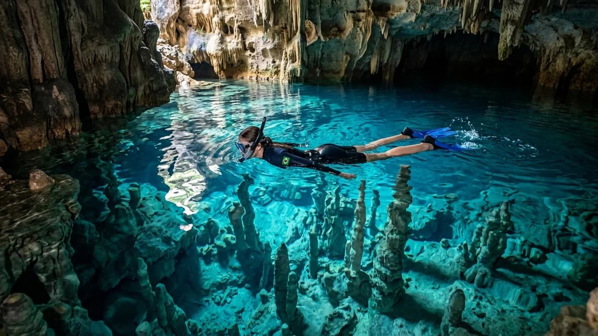 Visitante realizando flutuação nas águas azuis cristalinas da Gruta do Mimoso entre formações calcárias subterrâneas em Bonito MS em setembro