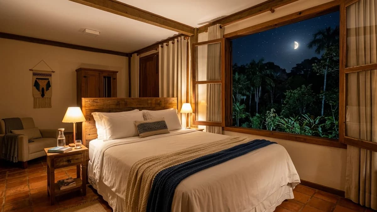 Quarto de suíte aconchegante de pousada em Bonito MS com janela de madeira aberta equipada com tela mosquiteira fina sob brisa noturna estrelada e iluminação acolhedora