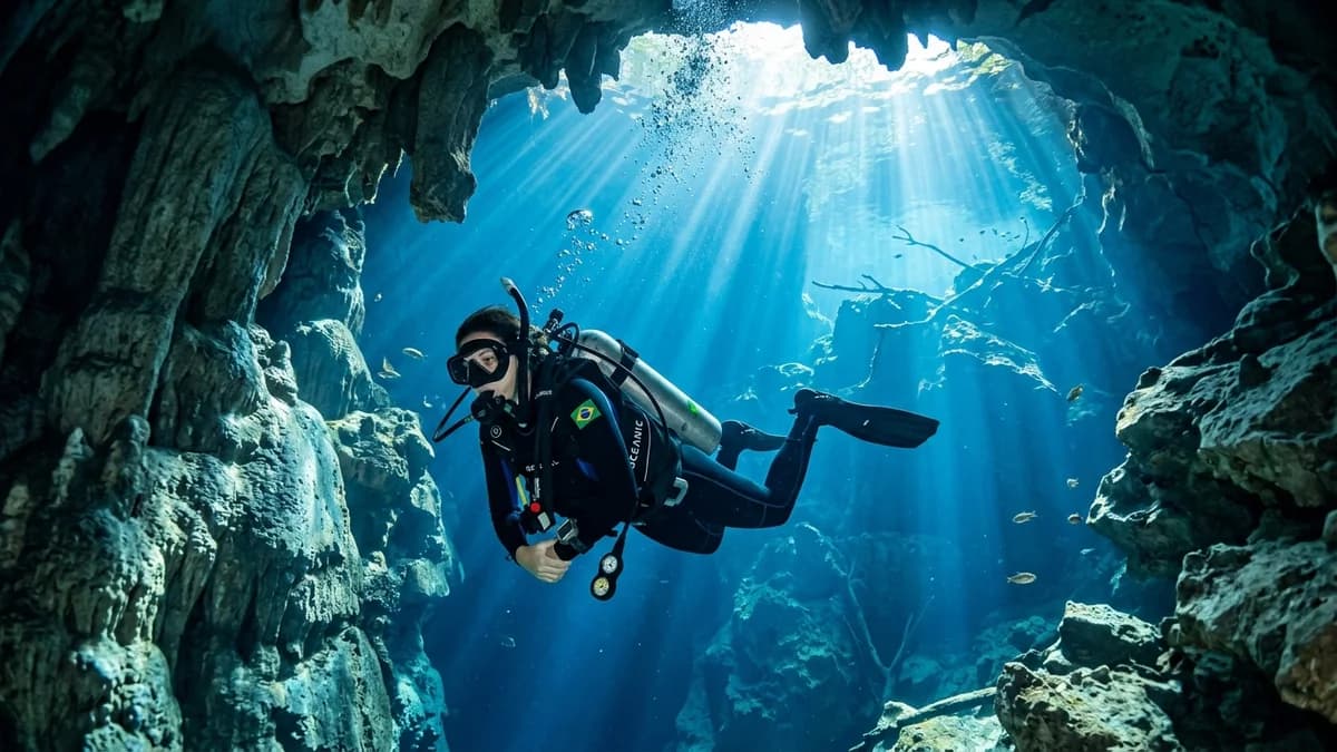 Mergulhador explorando as águas azul-cristalinas e os paredões calcários da Lagoa Misteriosa em Jardim MS em setembro