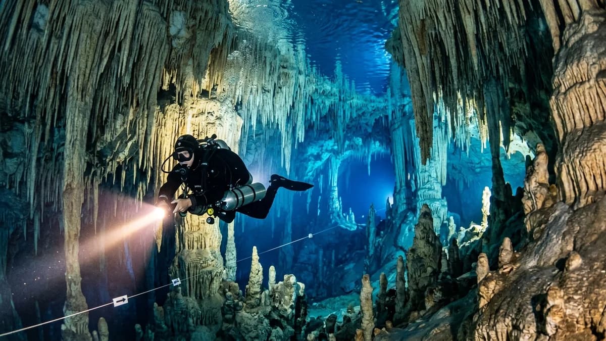 Mergulhador autônomo com cilindro e lanterna de mergulho navegando entre estalactites submersas nos salões alagados azuis da Gruta do Mimoso em Bonito MS em setembro