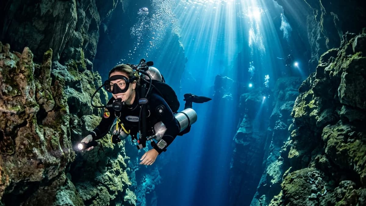 Mergulhador de cilindro credenciado explorando as águas azul-cobalto cristalinas e profundas da Lagoa Misteriosa em Jardim perto de Bonito MS com visibilidade infinita e feixes de sol de agosto