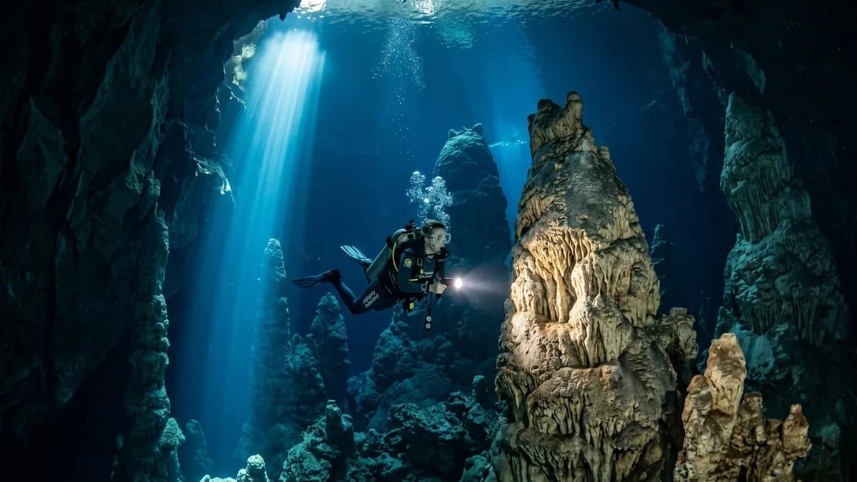Mergulhador autônomo com cilindro e lanterna explorando os cones calcários submersos gigantes no lago subterrâneo do Abismo Anhumas em Bonito MS sob feixe de luz em setembro