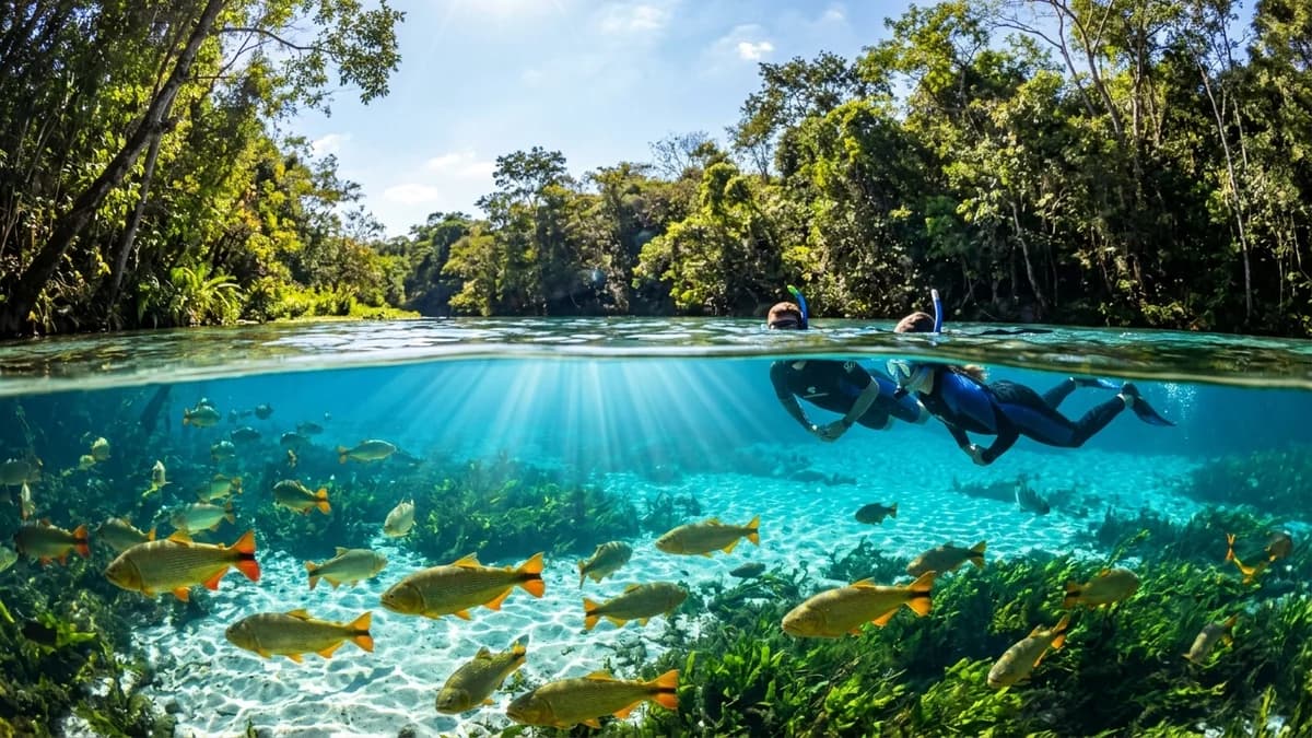 Foto subaquática e de superfície dividida mostrando a incrível visibilidade de 99% da água azul-turquesa na Nascente do Rio Sucuri em Bonito MS com turistas flutuando e cardumes de piraputangas