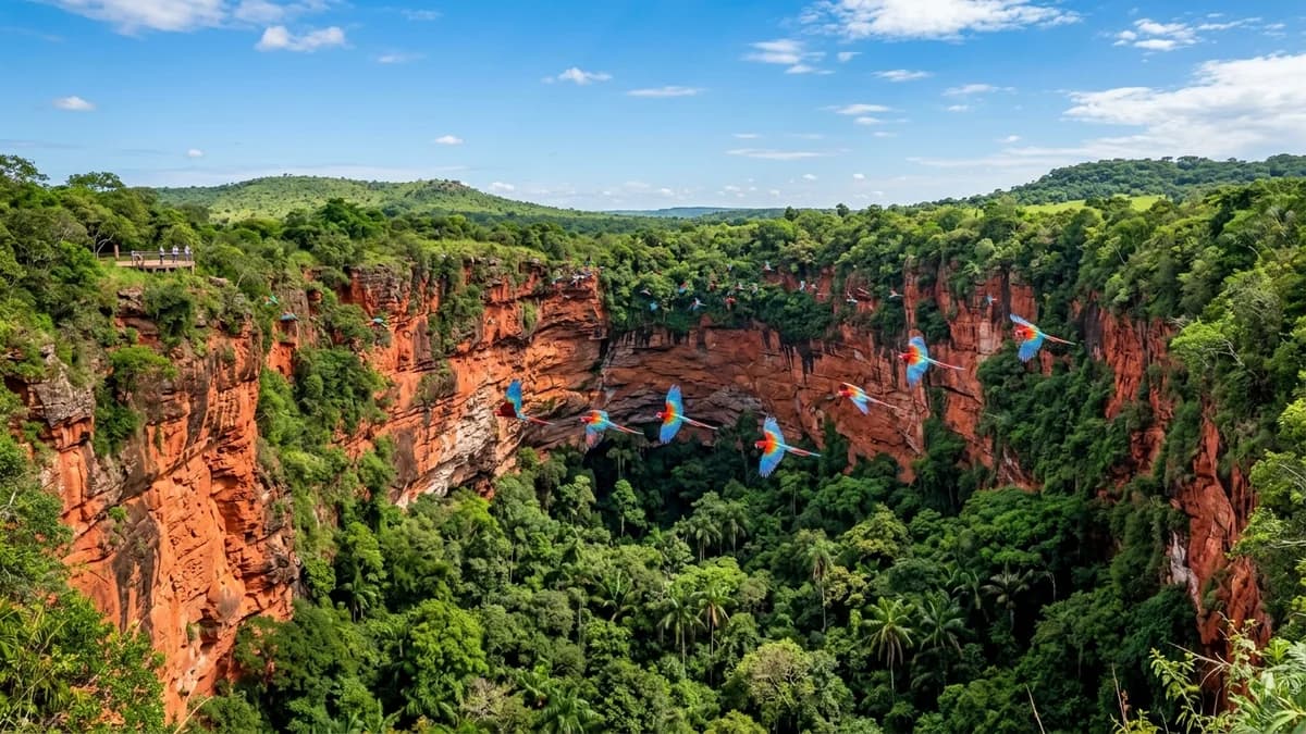 Discover Buraco das Araras in Jardim MS: Latin America's largest sandstone sinkhole with red macaws in flight, scenic trails, and tips.