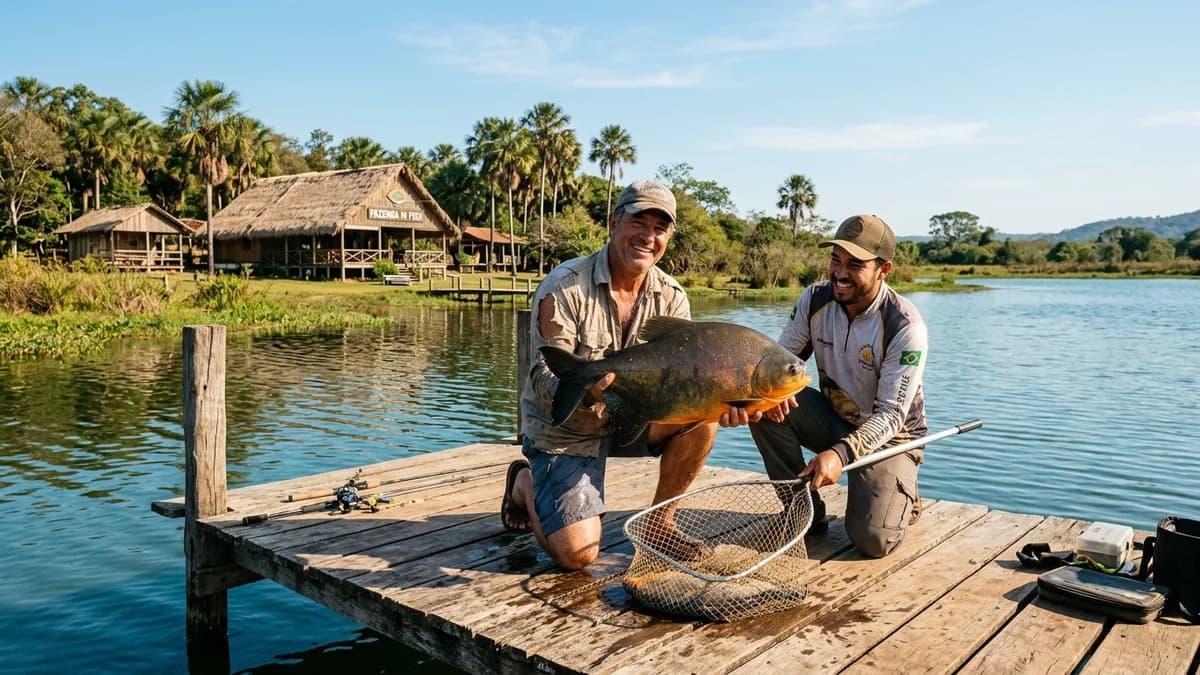 Pescadores felizes exibindo grande peixe Pacu capturado em píer de madeira na Fazenda Hi Fish em Miranda no Pantanal MS em agosto