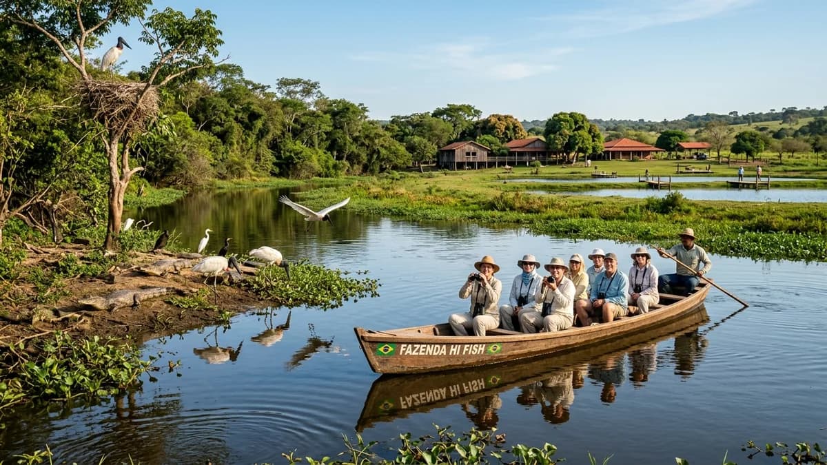 Ecoturistas em passeio de chalana de madeira navegando pelos corixos calmos do Pantanal na Fazenda Hi Fish em Miranda MS rodeados por tuiuiús em setembro