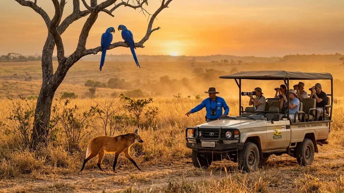 Caminhão de safári 4x4 com ecoturistas e guia pantaneiro observando lobo-guará e araras-azuis no pôr do sol da Fazenda Pequi em Aquidauana MS em agosto