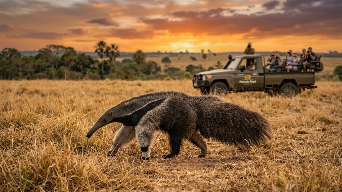 Tamanduá-bandeira caminhando nas pastagens nativas do Pantanal de Aquidauana MS na Fazenda Pequi com caminhão 4x4 de safári ao pôr do sol em setembro