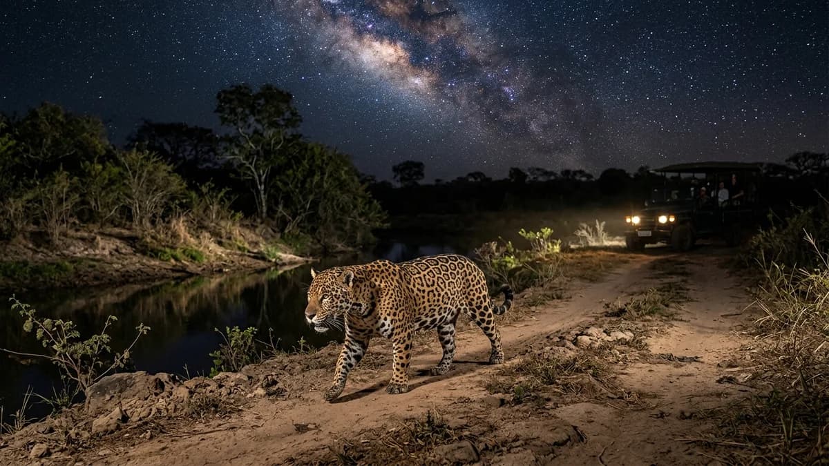 Onça-pintada majestosa caminhando na trilha de terra do Pantanal durante safári fotográfico noturno na Fazenda San Francisco em Miranda MS em setembro