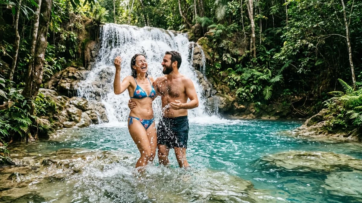 Casal de ecoturistas felizes sorrindo e se divertindo sob as águas cristalinas da queda d'água principal do Parque das Cachoeiras em Bonito MS