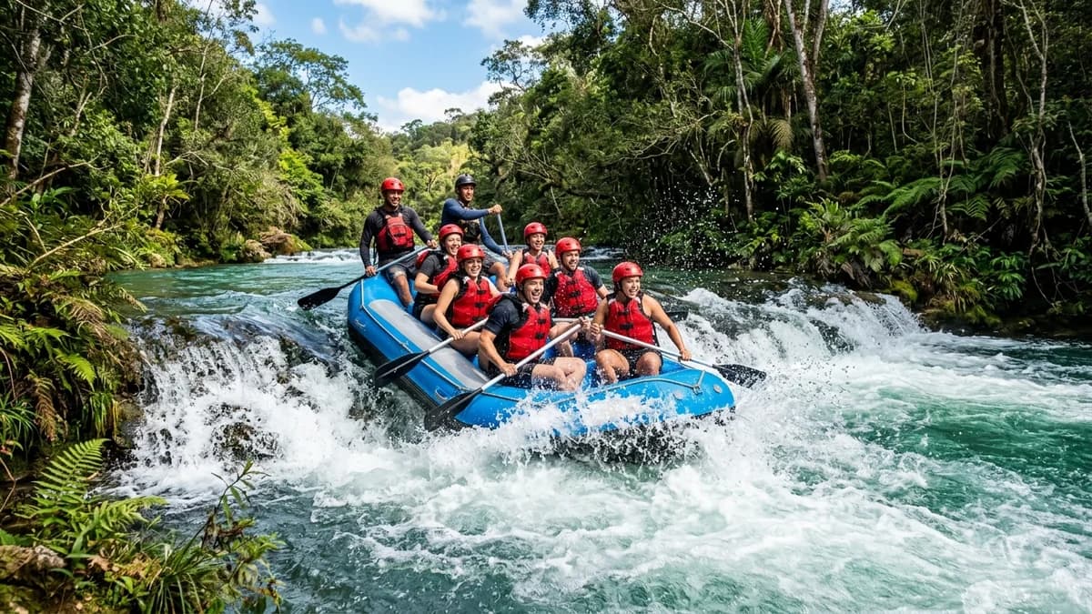 Bote inflável gigante com turistas sorridentes descendo queda d'água em corredeira do cristalino Rio Formoso em Bonito MS em agosto
