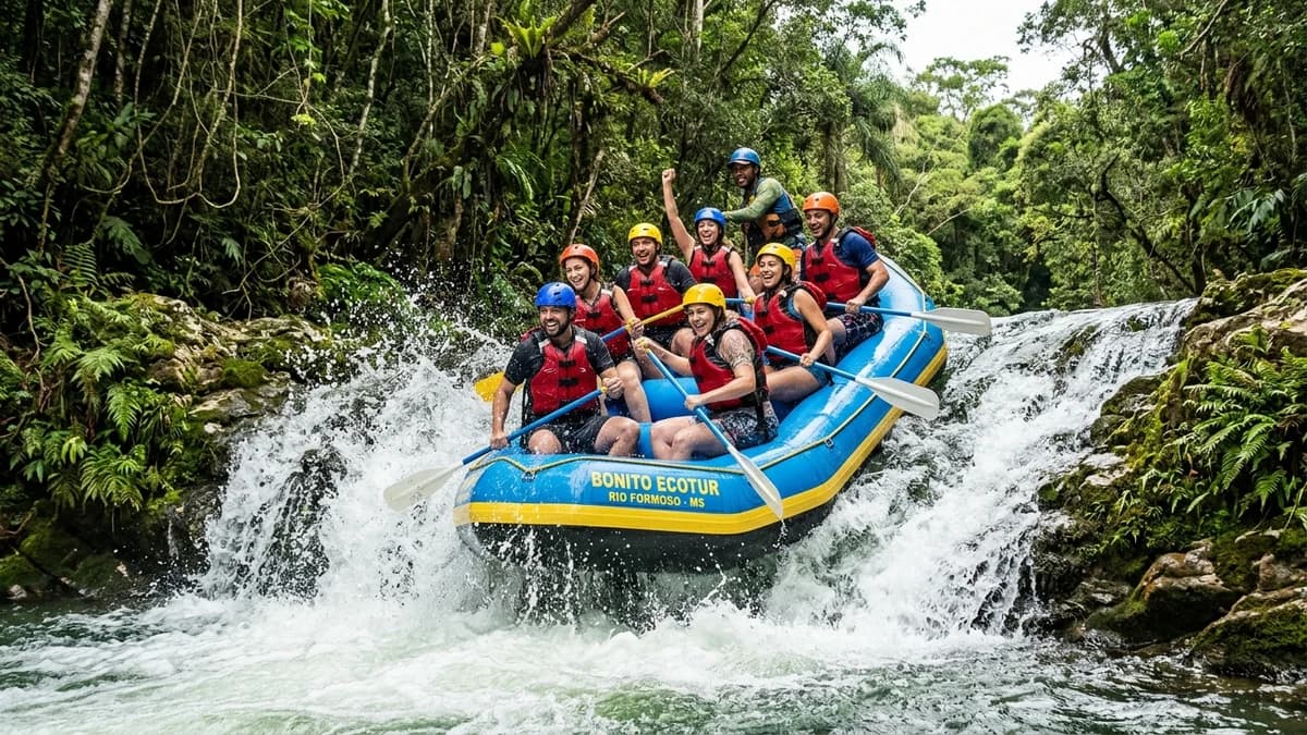 Bote inflável com ecoturistas vibrando e descendo pequena cachoeira de águas cristalinas do Rio Formoso em Bonito MS em setembro