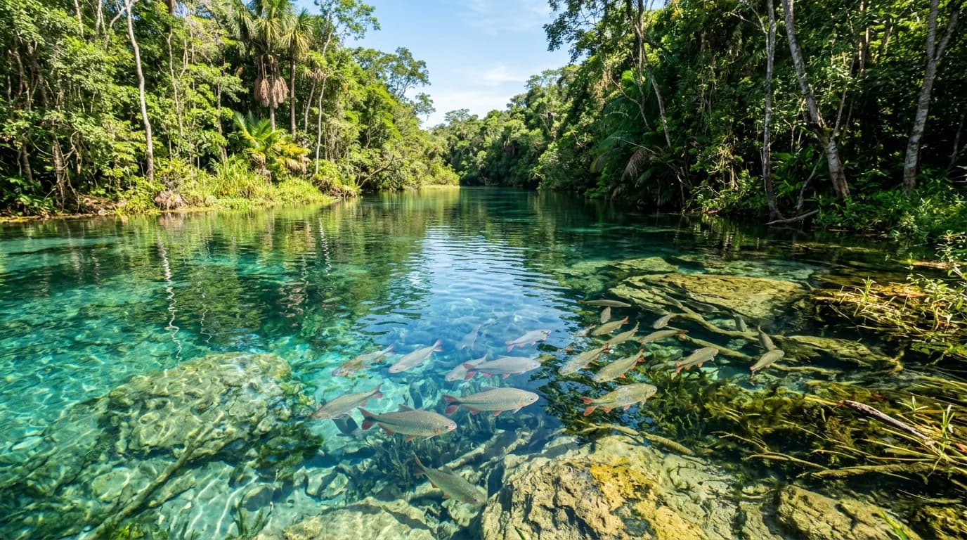 Rio de águas cristalinas azul-turquesa com peixes piraputangas e mata ciliar preservada no ecoturismo de Bonito MS