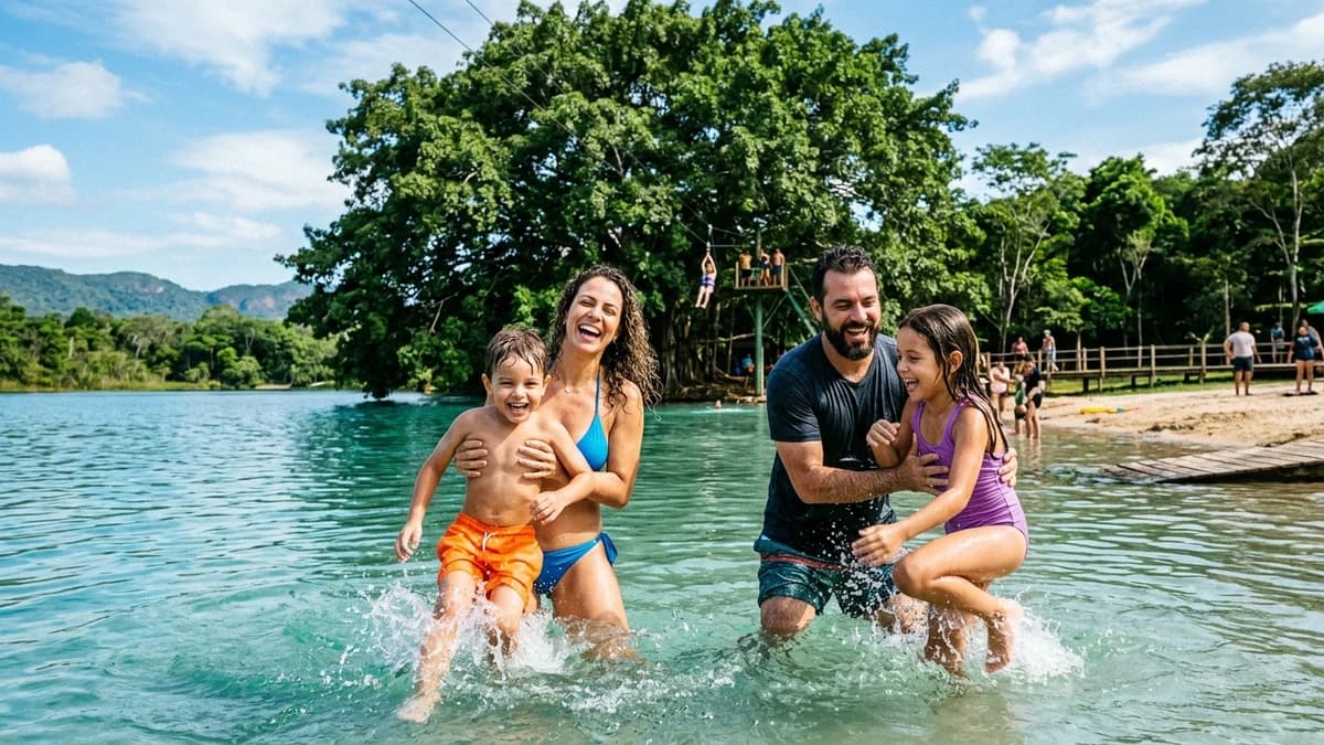 Família feliz brincando e se divertindo nas águas transparentes da praia de água doce da Praia da Figueira em Bonito MS com tirolesa e figueira centenária ao fundo