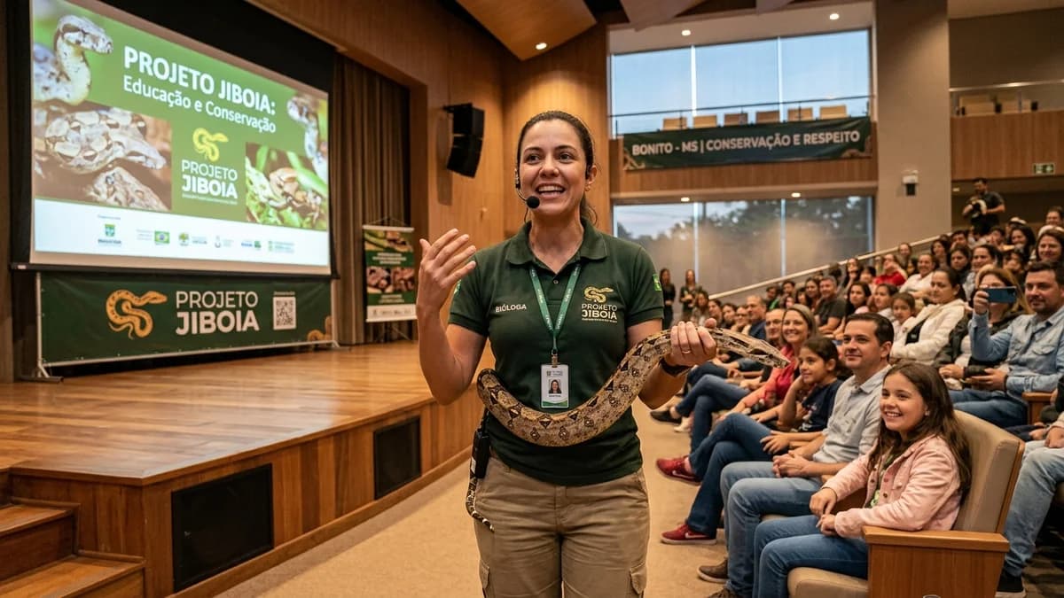 Biólogo apresentando a palestra de educação ambiental sobre jiboia (Boa constrictor) no Projeto Jiboia em Bonito MS em setembro