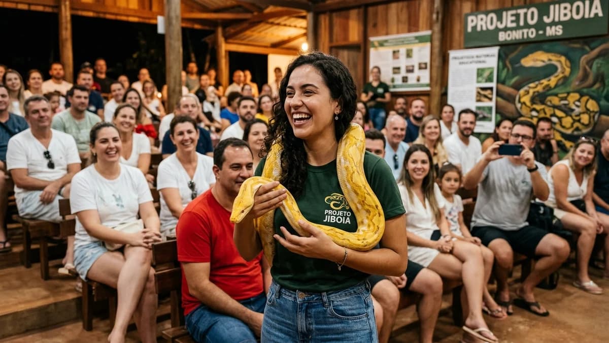 Jovem visitante sorrindo corajosamente enquanto segura uma jiboia amigável nos ombros durante a palestra educativa noturna do Projeto Jiboia no centro de Bonito MS