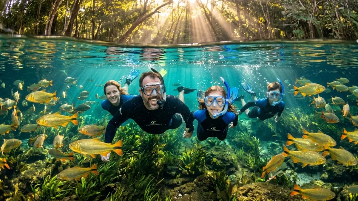 Família de ecoturistas sorrindo e flutuando com roupas de neoprene nas águas cristalinas do Rio da Prata em Bonito MS cercados por peixes dourados e piraputangas