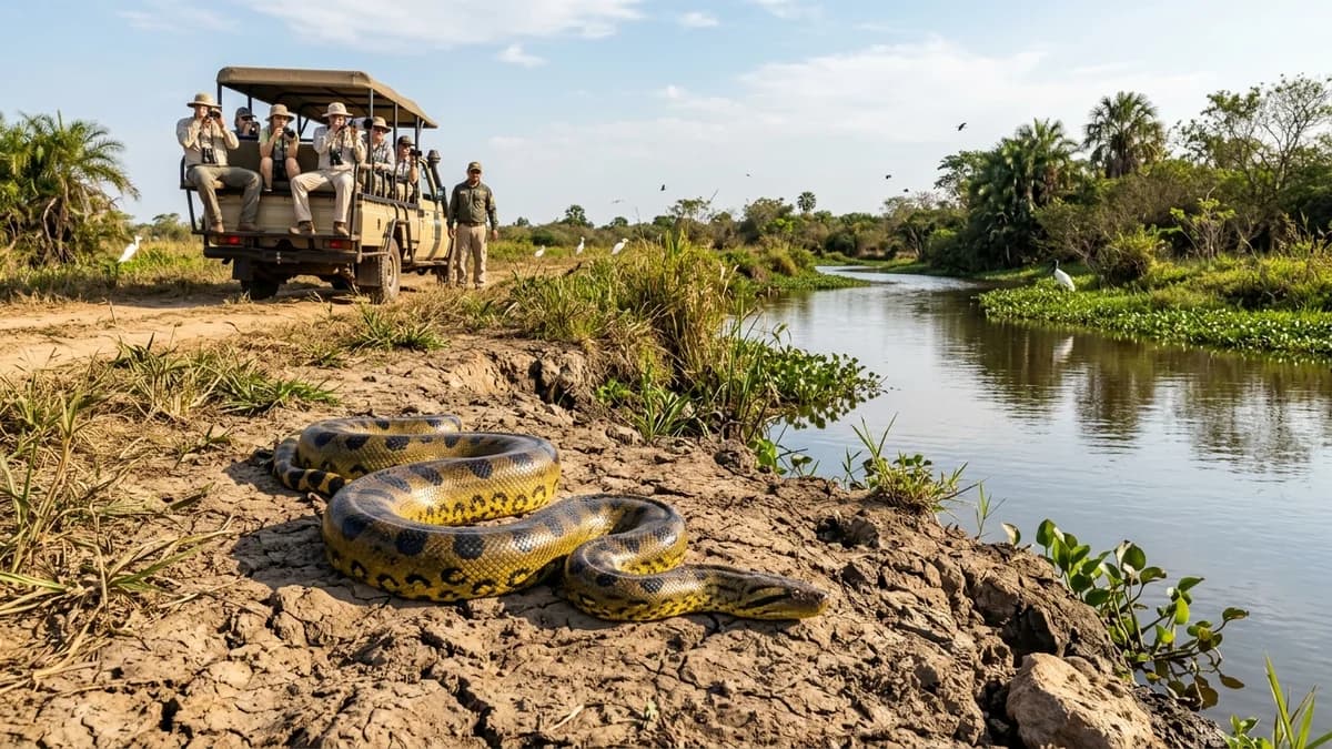 Sucuri-amarela gigante repousando em barranco de lama seca no Pantanal de Miranda MS com ecoturistas em caminhão de safári ao fundo em setembro