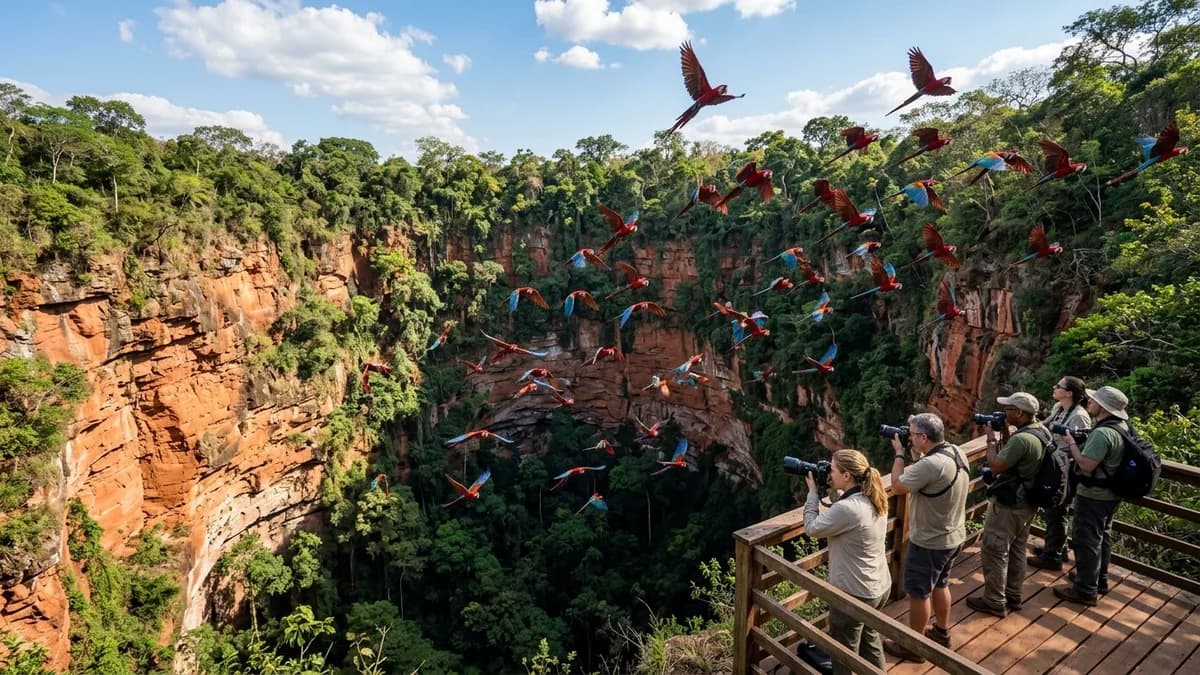 Dezenas de araras-vermelhas voando em formação dentro do imenso Buraco das Araras em Jardim MS observadas por turistas em mirante de madeira em setembro