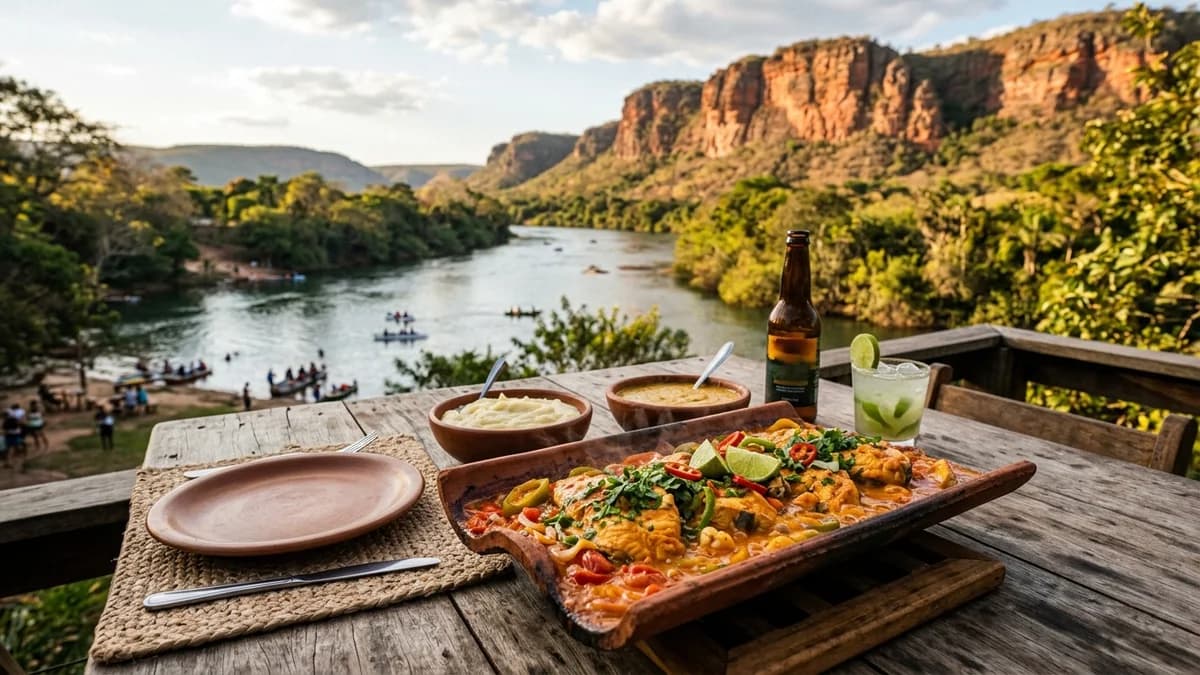 Prato tradicional de Peixe na Telha fumegante servido em restaurante rústico de beira de rio em Piraputanga MS com vista para o Morro do Paxixi em agosto