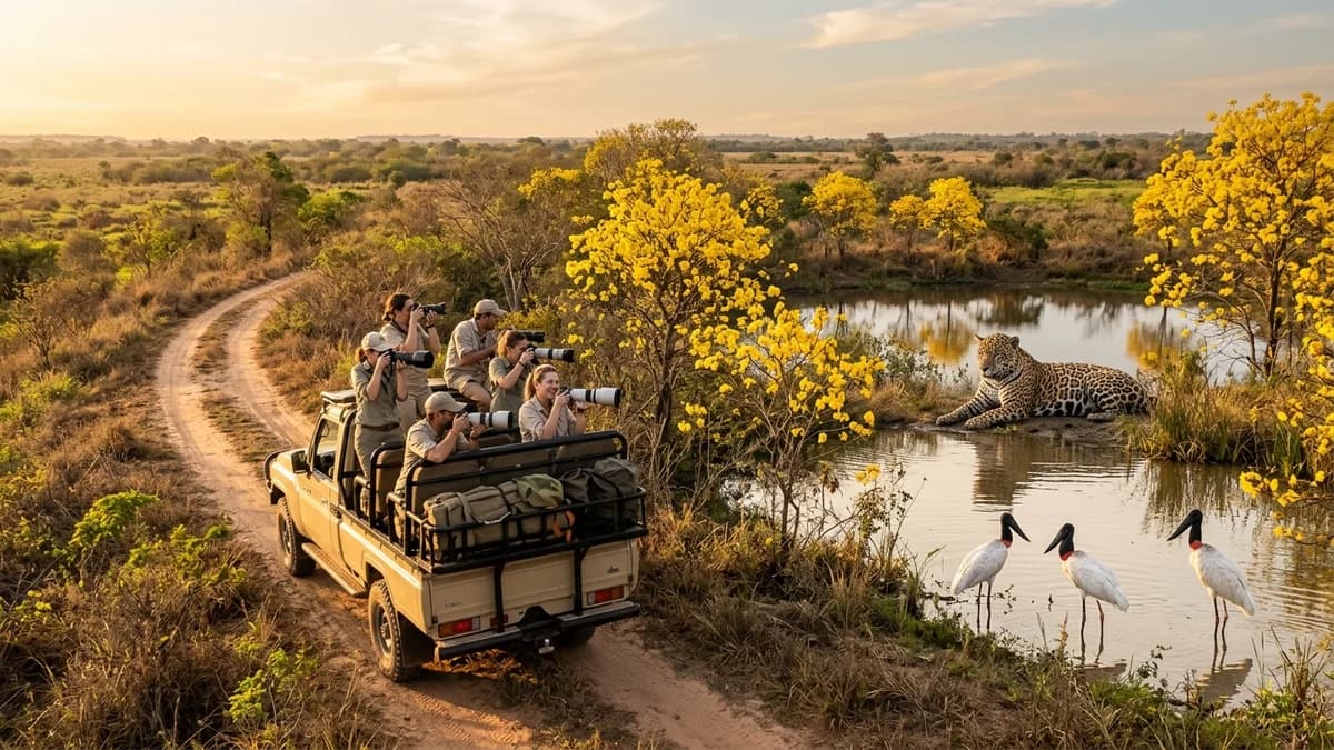 Caminhonete 4x4 aberta de safári fotográfico no Pantanal Sul com turistas fotografando uma onça-pintada repousando à beira da lagoa com ipês-amarelos floridos e tuiuiús em agosto