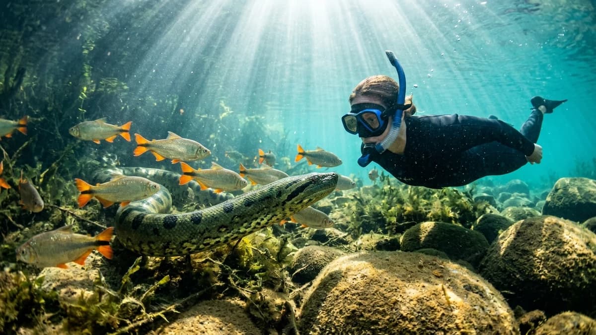 Ecoturista em roupa de neoprene e máscara de snorkel flutuando pacificamente ao lado de uma majestosa sucuri verde gigante no leito cristalino do Rio da Prata em Bonito MS