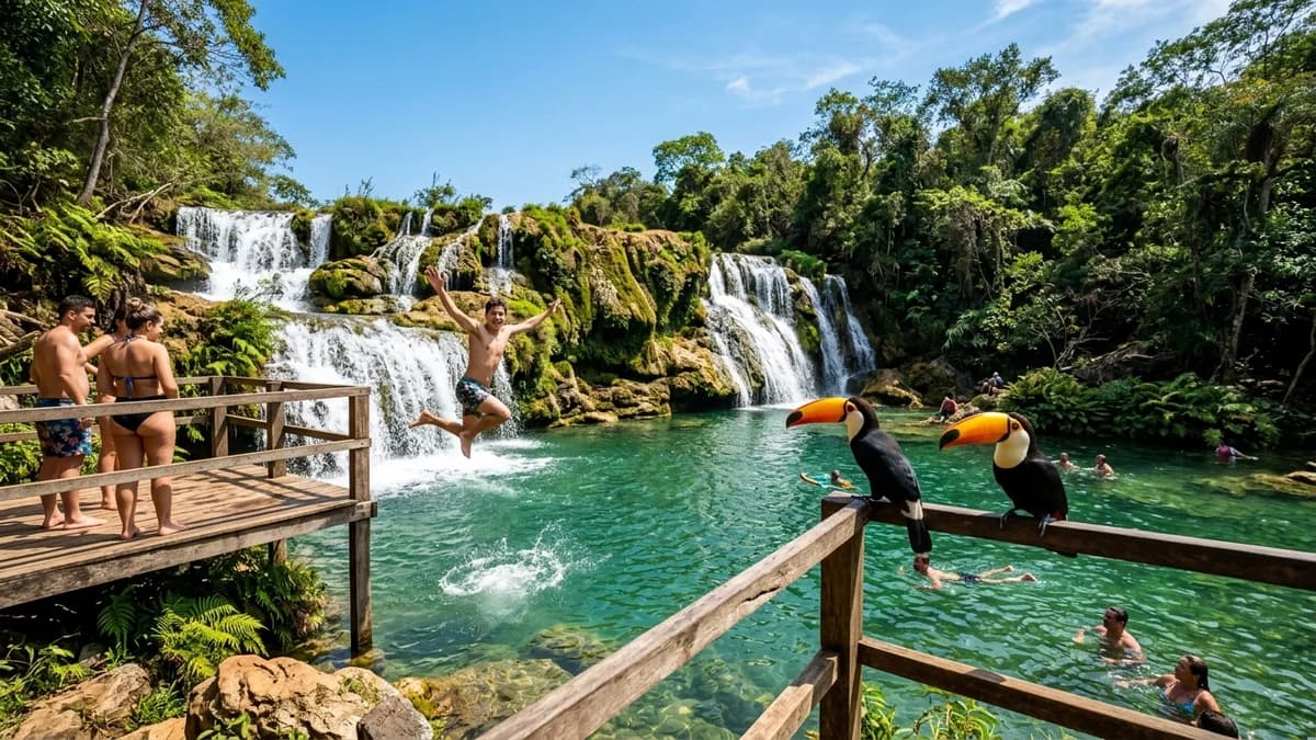 Turista saltando de plataforma de madeira em piscina natural de cachoeira no Rio do Peixe em Bonito MS com tucanos nos corrimãos em setembro