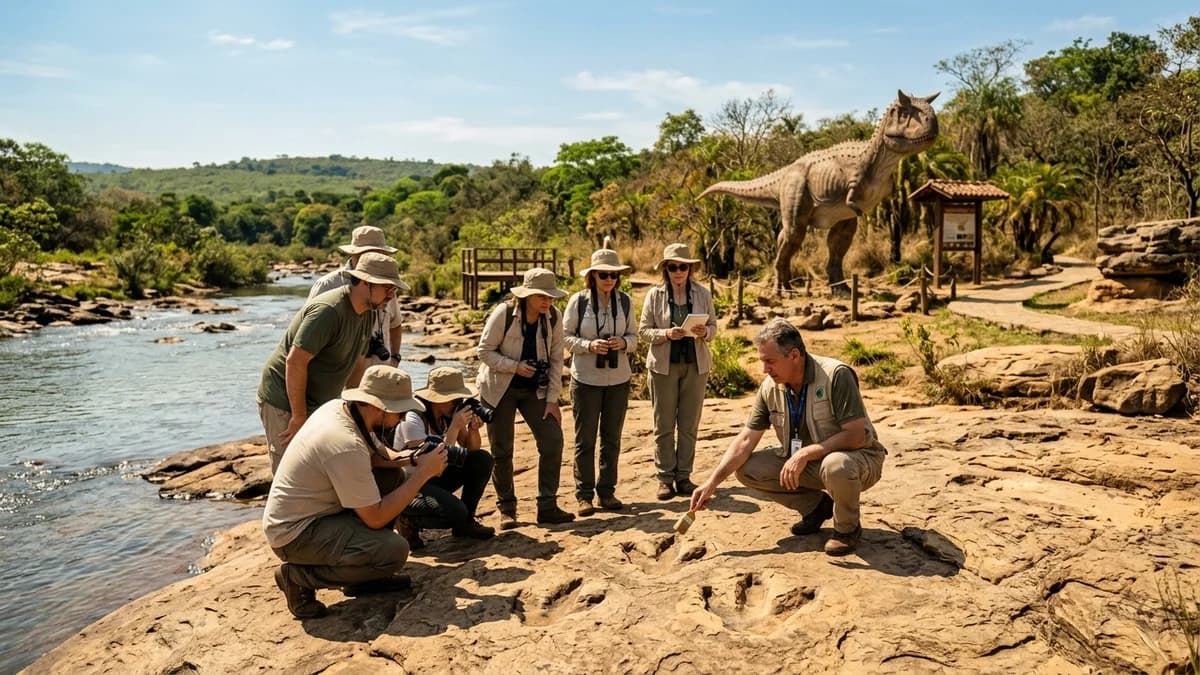 Ecoturistas e guia paleontólogo examinando pegadas fossilizadas autênticas de dinossauros carnívoros no arenito do leito do Rio Nioaque MS em setembro