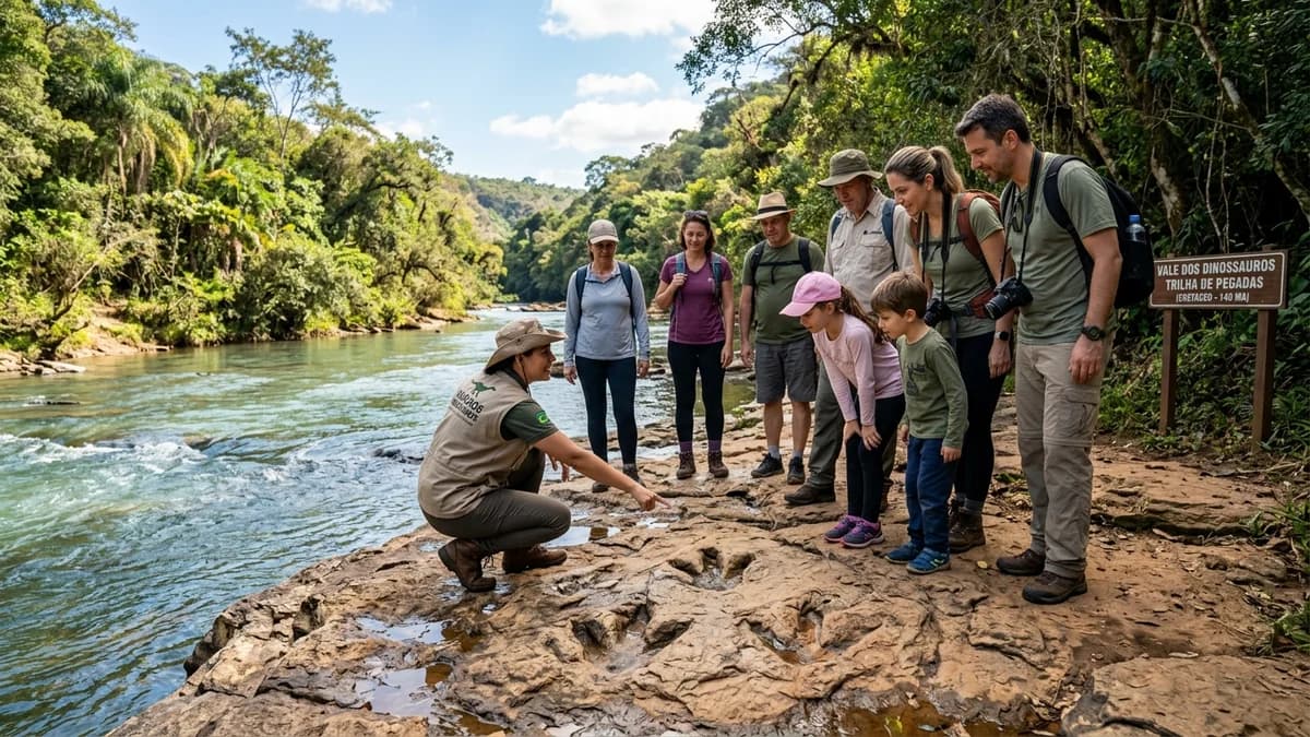 Guia turístico apontando pegadas fósseis de dinossauros em laje de pedra na beira do Rio Nioaque MS para famílias e turistas em agosto