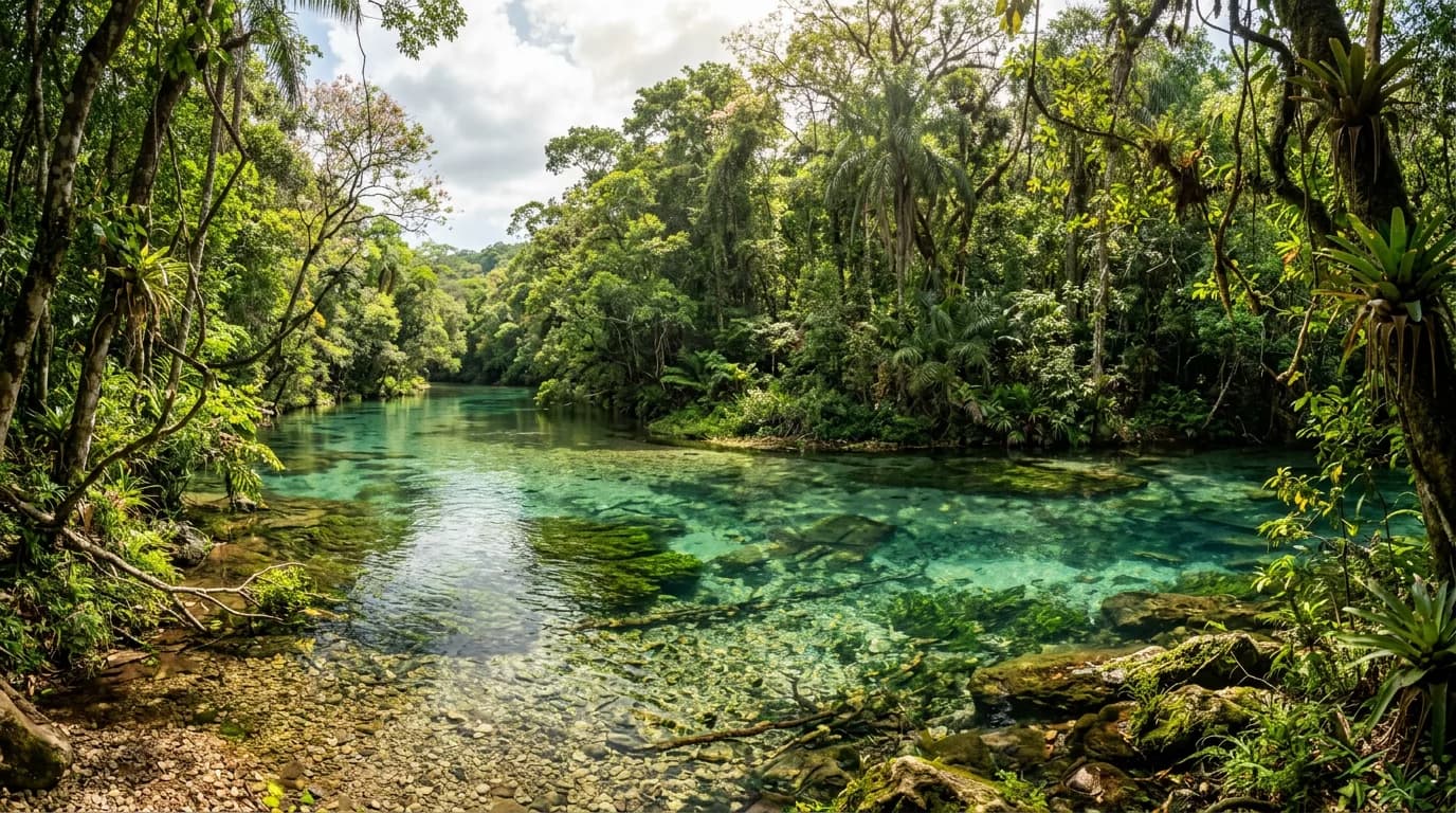 Rio de águas cristalinas com leito calcário e vegetação preservada da Serra da Bodoquena em Bonito MS na primavera