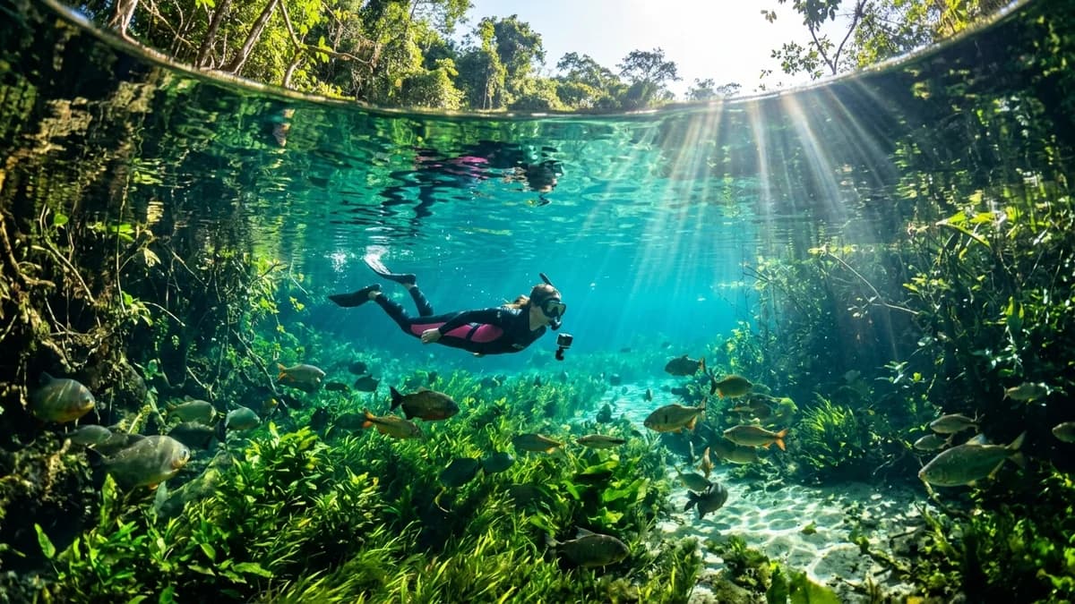 Visitantes realizando flutuação nas águas cristalinas do Rio Sucuri cercados por peixes e vegetação subaquática em Bonito MS