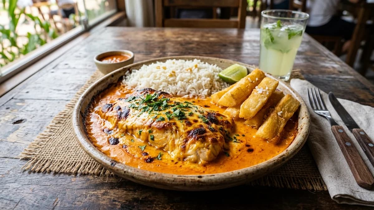 Prato típico Peixe a Urucum servido com arroz e mandioca em restaurante tradicional de Bonito MS