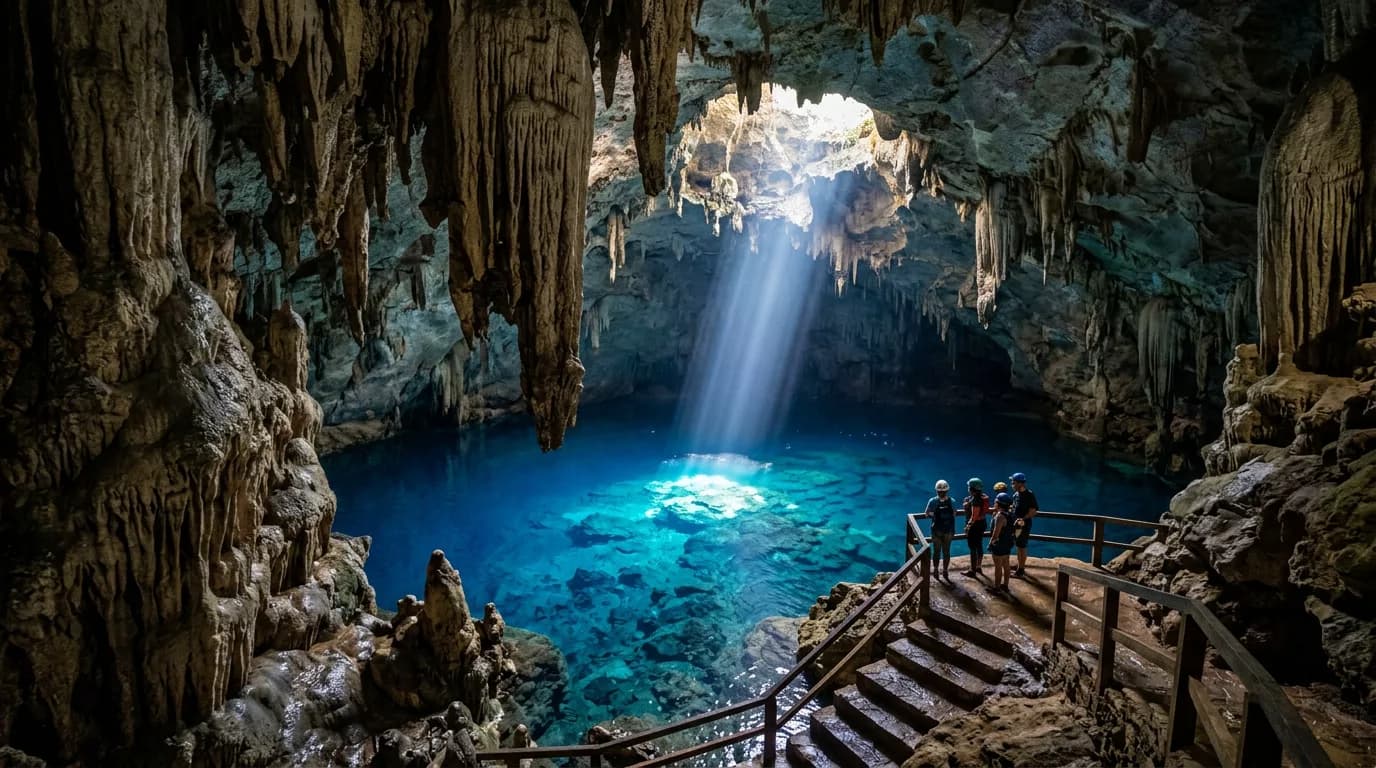 Discover Gruta do Lago Azul and Abismo Anhumas in spring 2026: peak sunlight blue water reflections, electrical rappelling, speleological conservation, Voucher Único, and Casa Azul lodging.