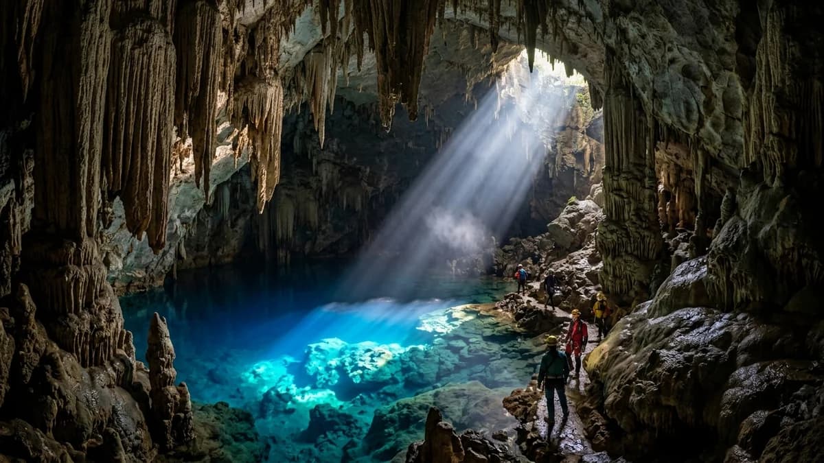Facho de sol da primavera iluminando as águas azul safira da Gruta do Lago Azul em Bonito MS com imponentes estalactites e visitantes na trilha