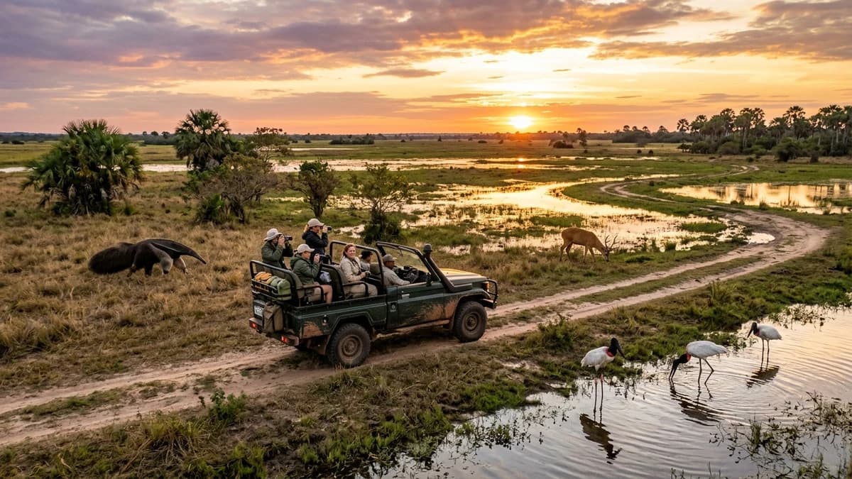 Veículo safári 4x4 aberto transitando pelos campos pantaneiros ao pôr do sol em Miranda MS com ecoturistas observando tamanduá e cervos em setembro