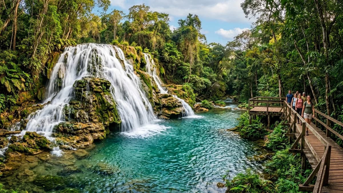 Cachoeiras de águas esmeraldas, passarelas de madeira e natureza exuberante na Fazenda Ceita Corê em Bonito MS em setembro